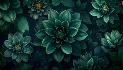 Emerald-toned flowers bloom amidst deep green foliage in an enchanting, digitally painted floral arrangement