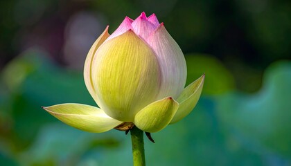Emerging lotus bud shows delicate pink tips against blurred green leaves in an outdoor setting, bright and airy