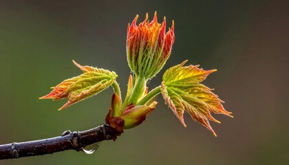 Emerging tree buds, red-tipped and fuzzy, on a brown branch with a single droplet against a blurred green backdrop