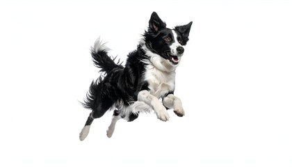 Energetic border collie mid-leap, captured against a clean white backdrop. Intense focus, happy expression