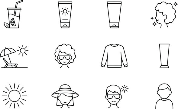 Summer beauty and skincare line icons set with sunscreen drinks sun people lifestyle vector illustration outline