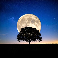 Enormous moon shining behind a solitary, silhouetted tree against a night sky filled with stars
