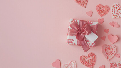 Valentine's Day Gift Box with Paper Hearts on Pink Background