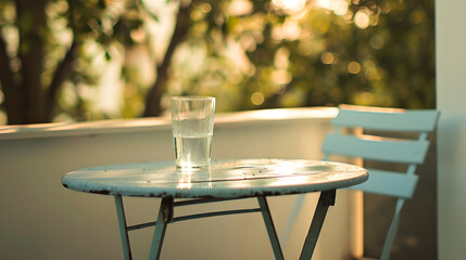 A glass of water on the table with blurred garden view, table on the balcony 