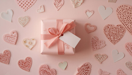 Valentine's Day Gift Box with Paper Hearts on Pink Background