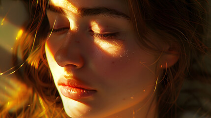 Woman face close up, face with closed eyes 