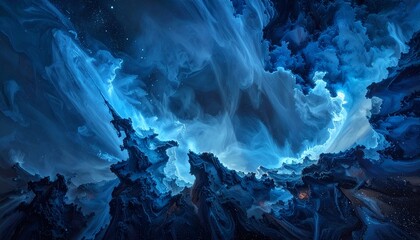 Ethereal blue clouds and dark, rugged formations create a dynamic, abstract landscape with an otherworldly feel