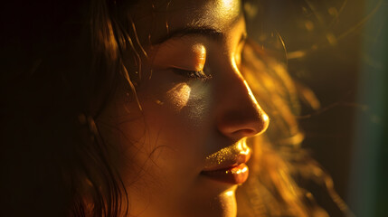 Portrait of a girl with close eyes in the sun light, close up girl face 