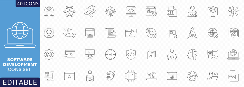 Software development icon set. line Icon Collection. Fully Editable. Vector illustration.