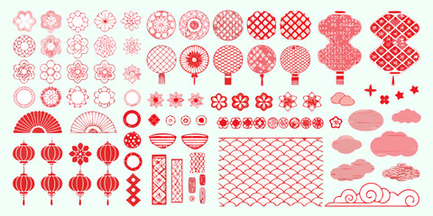 Collection of red decorative elements and traditional chinese patterns