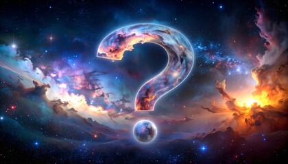 Ethereal question mark nebula with swirling colors and a small planet against a cosmic background