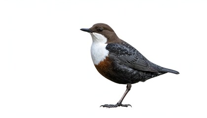 Eurasian dipper bird with brown head, white chest, and dark speckled body isolated on a white background