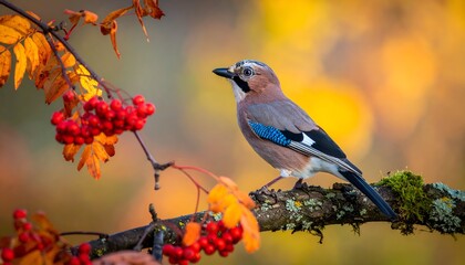 Eurasian Jay perched on mossy branch with red berries, against blurred fall foliage backdrop
