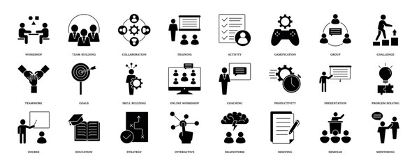 Workshop icon set. Containing team building, collaboration, teamwork, coaching, problem solving, education, strategy and education icons. Solid icon collection. eps 10
