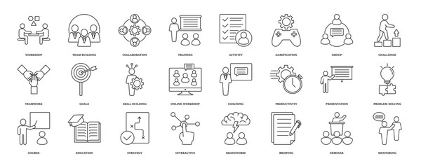 Workshop icon set. Containing team building, collaboration, teamwork, coaching, problem solving, education, strategy and education icons. Solid icon collection. eps 10