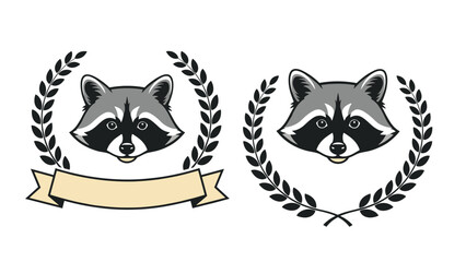 Fototapeta premium Mascot set featuring a raccoon head inside a laurel wreath with a blank banner for custom text or brand logo design elements.