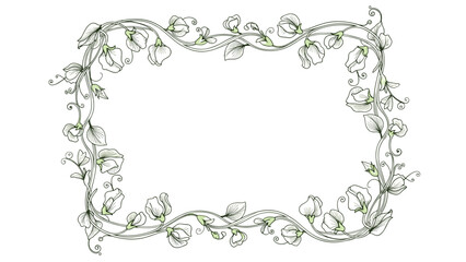 Elegant rectangular frame made of delicate green vines and small white flowers with curved artistic flourishes for border designs.