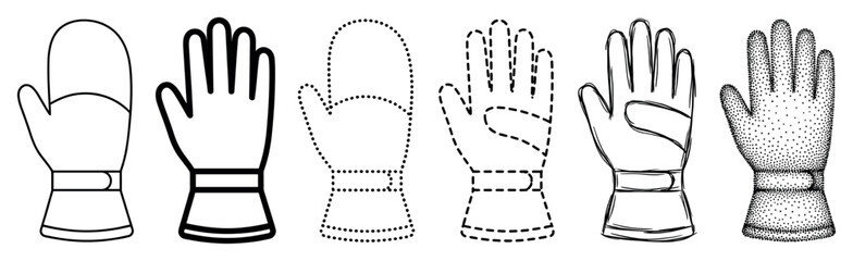 Obraz premium Set of black and white glove and mitten illustrations showing various artistic styles, including clean line art, dotted outlines, dashed lines, hand-drawn sketch, and stippling
