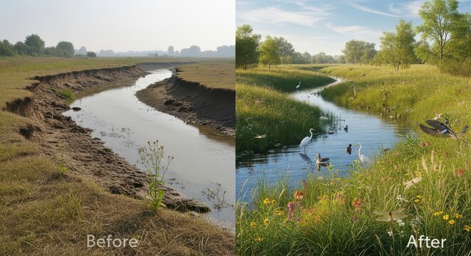 A before and after comparison of a restored stream with lush vegetation and wildlife thriving in the revitalized ecosystem.