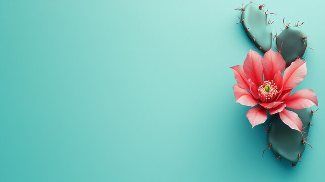 Beautiful vibrant pink cactus flower blooming on blue green prickly pear pads creating an eye catching symmetrical art composition, perfect for backgrounds and themes.