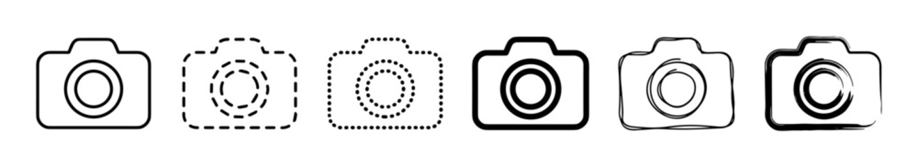 Set of six black camera icons in various artistic styles including minimalist line art, dashed, dotted, bold, hand-drawn sketch, and expressive brush stroke