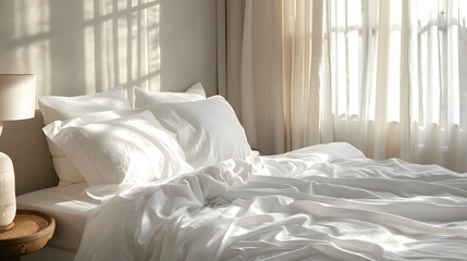 A bed in a room with white linens, early sunny morning