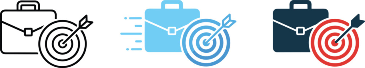 Obraz premium Business target briefcase icon set with goal achievement success strategy productivity symbols vector illustration collection