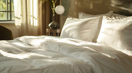 Bed with white linen in the cozy room, hotel room interior 