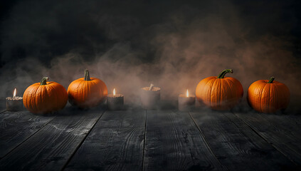 Spooky Halloween Pumpkins and Candles on Wooden Table