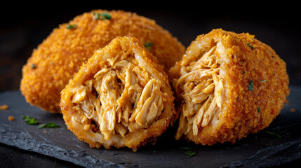 Extreme close-up of a crispy coxinha with golden breadcrumb crust, shredded chicken filling visible with rich texture, oil sheen highlights, dark background, premium snack imagery
