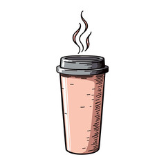 A steaming takeaway cup with warm drink in cozy pastel tones on white background. Concept of hot beverage during cold winter day - comfort drink - takeaway coffee