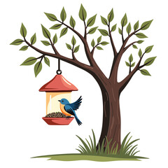 A bird feeding at a hanging feeder on a blooming tree in vibrant spring style. Concept of seasonal nature awakening - springtime - wildlife care