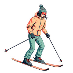 A skier gliding downhill in motion on snowy slope in colorful illustrated winter style. Concept of winter sport and active lifestyle - skiing - cold weather adventure