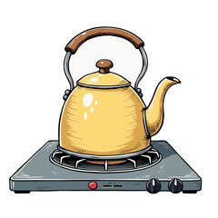 A yellow teapot heating on a gas burner in cozy kitchen scene with steam effect. Concept of warmth and comfort in winter - hot tea preparation - homely ritual