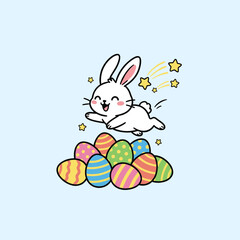 Fototapeta premium Happy cartoon bunny jumping over a pile of colorful decorated Easter eggs with yellow stars on light blue background, kawaii vector style.