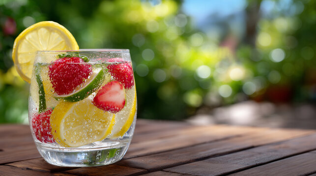 Macro-style close-up of a glass of fruit water with citrus slices and strawberries, condensation droplets on the glass, wooden tabletop texture visible, shallow depth of field, bri