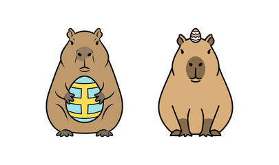 Two cute capybara characters holding a decorated Easter egg and wearing a small egg on head, flat vector illustration on white background.