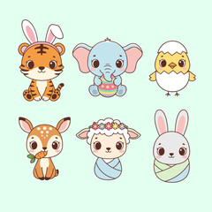 Adorable Baby Animal Characters Collection with Tiger Elephant Chick Deer Sheep and Bunny, Cute Kawaii Sticker Set for Nursery and Easter Themes