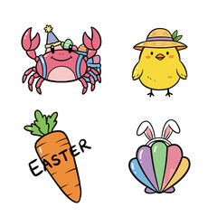 Cute Summer and Easter Themed Icons Featuring Crab with Party Hat Chick in Straw Hat Giant Carrot and Bunny Ear Shell, Kawaii Sticker Pack
