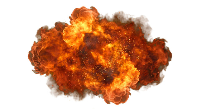 Massive fire explosion cloud isolated on transparent background, high detail flames and smoke forming a powerful blast effect, cinematic explosion fire png with transparency.