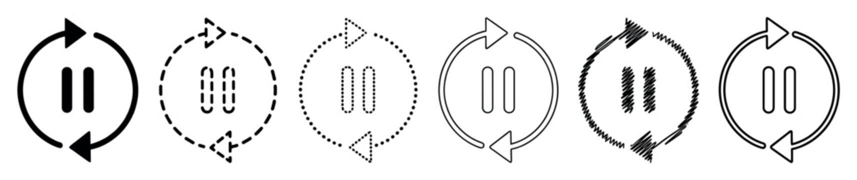 Set of black replay pause icons in various design styles including solid, outline, dashed, dotted, and hand-drawn scribble for user interface design concepts