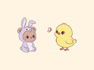 Adorable baby bear in lavender bunny costume looking at small butterfly and cute yellow chick in sweet kawaii style vector illustration