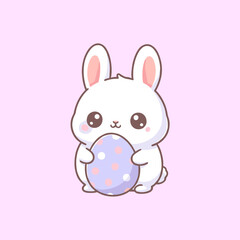 Sweet kawaii white bunny holding a large purple polka dot Easter egg in front of pink background cute spring animal vector illustration