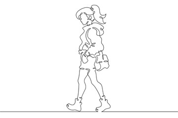 Obraz premium Continuous single line drawing fashionable teenager girl. Stylish young woman on a walk.Linear.One continuous line isolated minimalist illustration. Not AI.