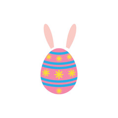 Colorful pink Easter egg with blue stripes and yellow star patterns decorated with bunny ears icon isolated on white background vector