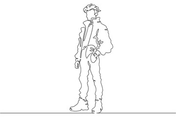 Obraz premium Continuous single line drawing fashionable teenager boy. Stylish young man on a walk.Linear.One continuous line isolated minimalist illustration. Not AI.