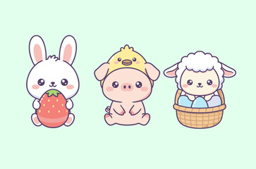 Cute Kawaii Animal Trio Featuring White Bunny with Strawberry, Piglet in Chick Costume, and Lamb in a Basket with Easter Eggs Vector Illustration.