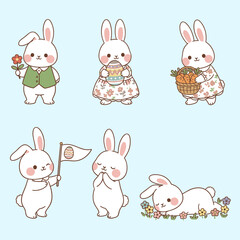 Large Collection of Adorable White Bunny Characters in Various Poses Including Wearing Outfits and Holding Easter Baskets Vector Illustration Set.