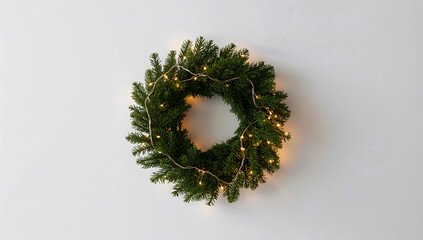 Minimal Christmas Wreath on White Wall with Fairy Lights