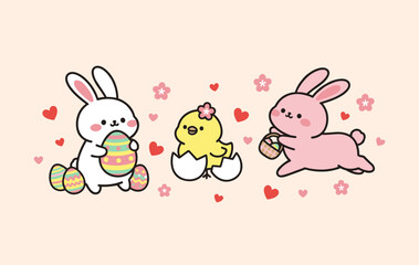 Happy Easter Celebration Scene with Cute White Bunny Pink Rabbit and Baby Chick in Eggshell Surrounded by Hearts and Flowers Kawaii Background